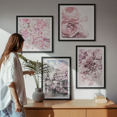 Políptico com moldura Flores rosa paisagem romântica