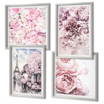 Políptico com moldura Flores rosa paisagem romântica