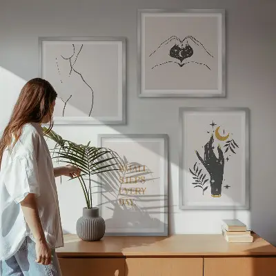 Composição de quadros com ilustrações minimalistas estilo boho