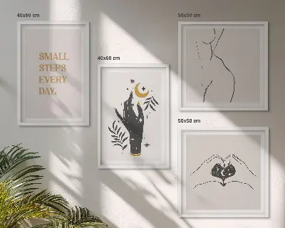 Composição de quadros com ilustrações minimalistas estilo boho