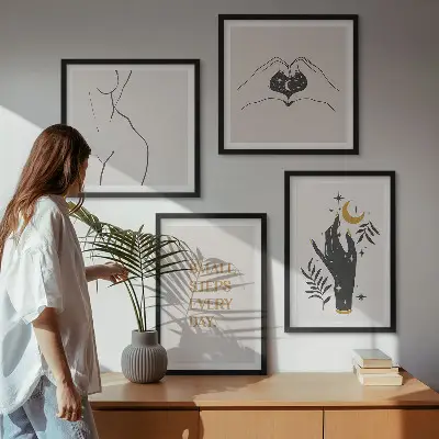 Composição de quadros com ilustrações minimalistas estilo boho