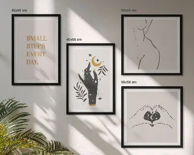 Composição de quadros com ilustrações minimalistas estilo boho