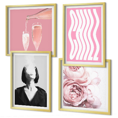 Conjunto de 4 quadros com moldura Retrato elegante com champanhe
