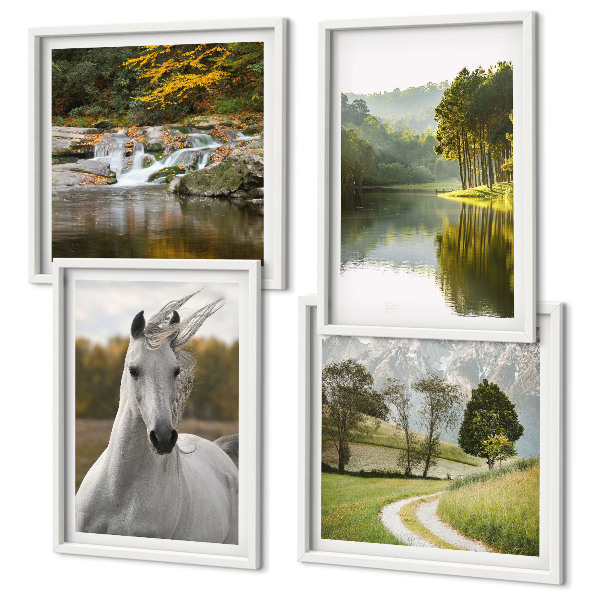 Conjunto de 4 quadros com moldura Rio dos Cavalos Brancos natureza