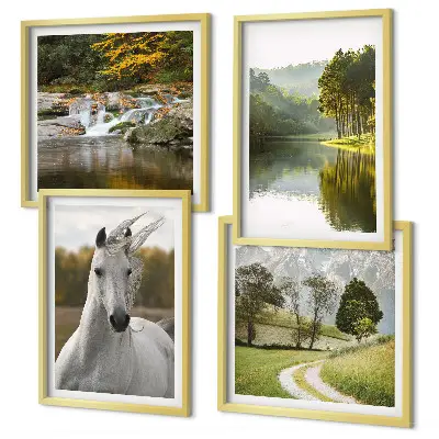 Conjunto de 4 quadros com moldura de natureza Rio dos Cavalos Brancos