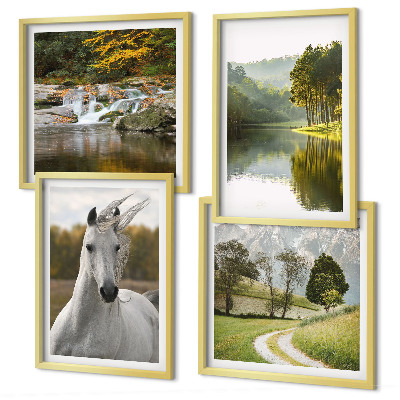 Conjunto de 4 quadros com moldura Rio dos Cavalos Brancos natureza