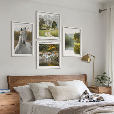 Conjunto de 4 quadros com moldura Rio dos Cavalos Brancos natureza