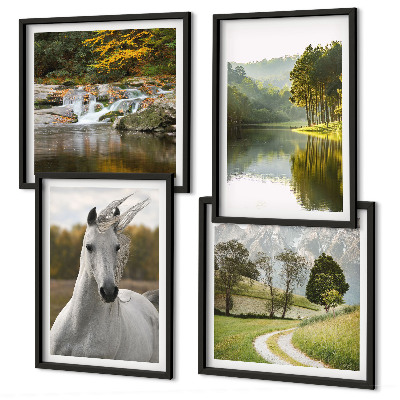 Conjunto de 4 quadros com moldura Rio dos Cavalos Brancos natureza