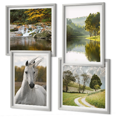 Conjunto de 4 quadros com moldura Rio dos Cavalos Brancos natureza