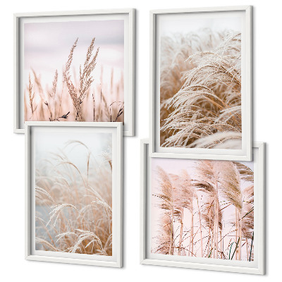 Conjunto de 4 quadros com moldura Campos de grama em tons de marrom e bege.