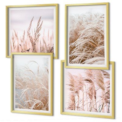 Conjunto de 4 quadros com moldura Campos de grama em tons de marrom e bege.
