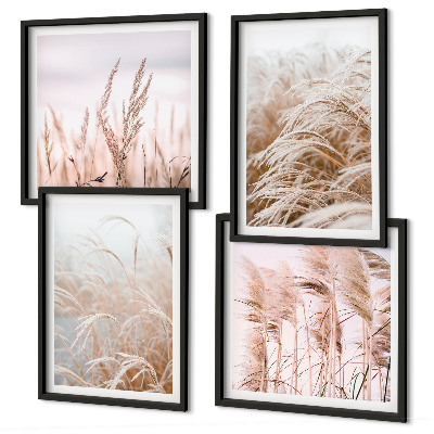 Conjunto de 4 quadros com moldura Campos de grama em tons de marrom e bege.