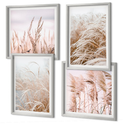 Conjunto de 4 quadros com moldura Campos de grama em tons de marrom e bege.