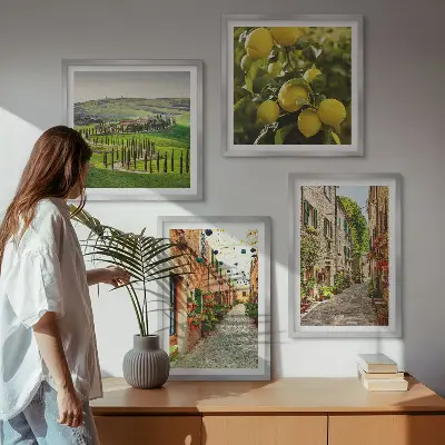 Conjunto de 4 quadros com moldura estampa de ruas encantadoras com flores de limão