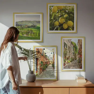 Conjunto de 4 quadros com moldura estampa de ruas encantadoras com flores de limão