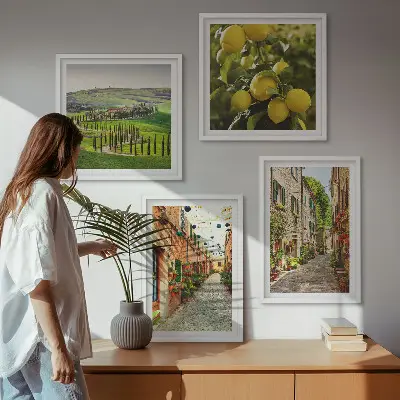 Conjunto de 4 quadros com moldura estampa de ruas encantadoras com flores de limão
