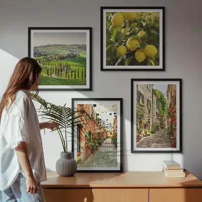 Conjunto de 4 quadros com moldura estampa de ruas encantadoras com flores de limão