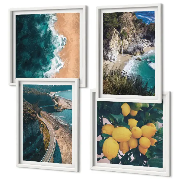 Composição de quadros com praia, limões e montanhas