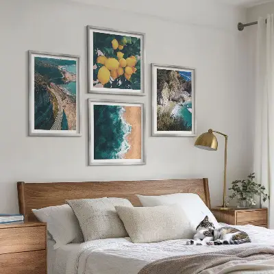 Composição de quadros com praia, limões e montanhas