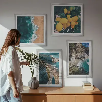 Composição de quadros com praia, limões e montanhas
