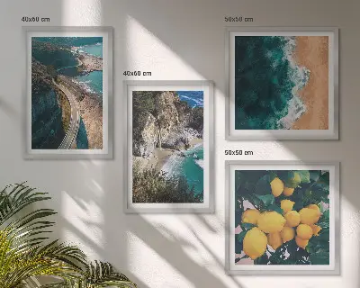 Composição de quadros com praia, limões e montanhas