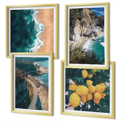Composição de quadros com praia, limões e montanhas