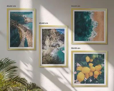 Composição de quadros com praia, limões e montanhas