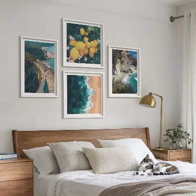 Composição de quadros com praia, limões e montanhas