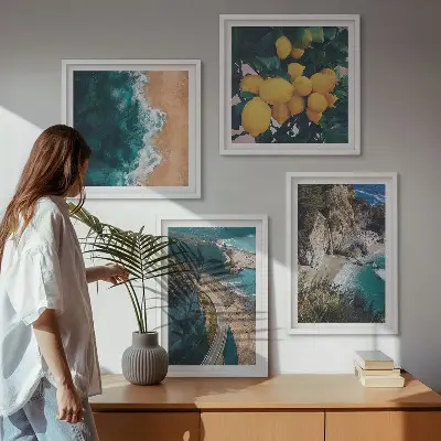 Composição de quadros com praia, limões e montanhas