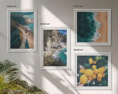 Composição de quadros com praia, limões e montanhas