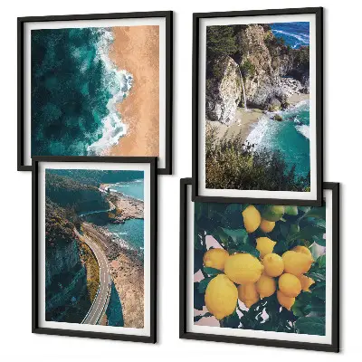 Composição de quadros com praia, limões e montanhas
