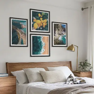 Composição de quadros com praia, limões e montanhas