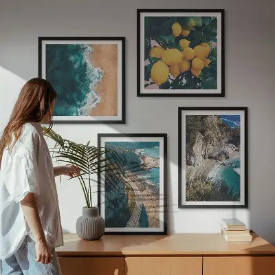 Composição de quadros com praia, limões e montanhas