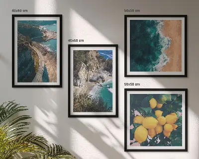 Composição de quadros com praia, limões e montanhas