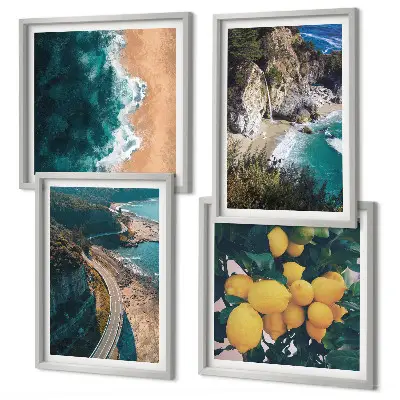 Composição de quadros com praia, limões e montanhas