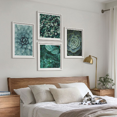 Conjunto de 4 quadros com moldura Suculentas em tons de verde e turquesa.