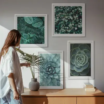 Conjunto de 4 quadros com moldura com estampas de suculentas em tons de verde e turquesa