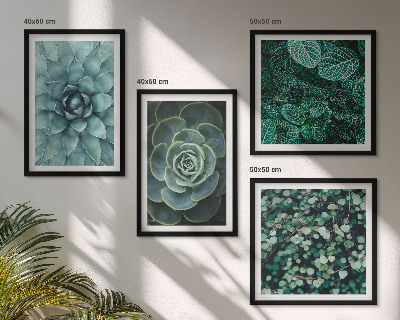 Conjunto de 4 quadros com moldura Suculentas em tons de verde e turquesa.