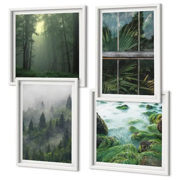 Composição de quadros floresta com nevoeiro no rio e plantas de estufa