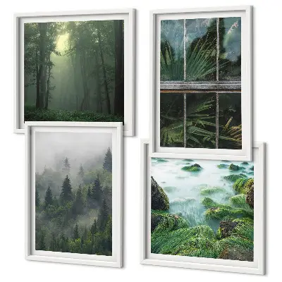 Composição de quadros floresta com nevoeiro no rio e plantas de estufa