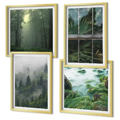 Composição de quadros floresta com nevoeiro no rio e plantas de estufa