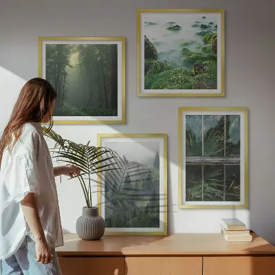 Composição de quadros floresta com nevoeiro no rio e plantas de estufa