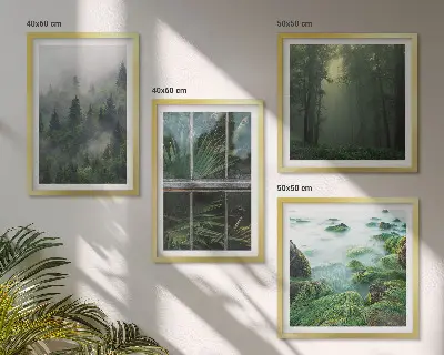 Composição de quadros floresta com nevoeiro no rio e plantas de estufa