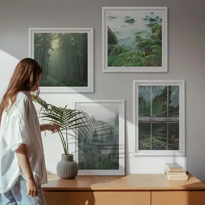 Composição de quadros floresta com nevoeiro no rio e plantas de estufa