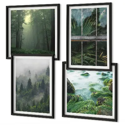 Composição de quadros floresta com nevoeiro no rio e plantas de estufa
