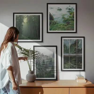 Composição de quadros floresta com nevoeiro no rio e plantas de estufa