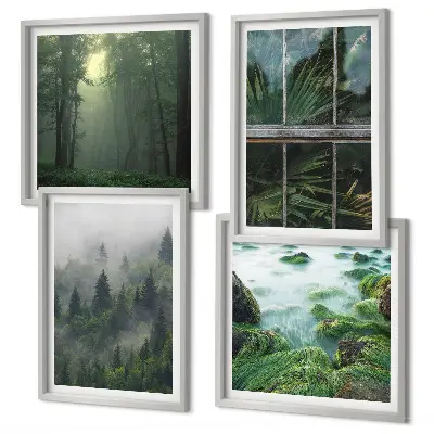 Composição de quadros floresta com nevoeiro no rio e plantas de estufa