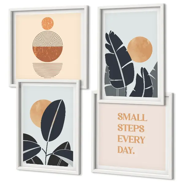 Conjunto de 4 quadros com moldura com estampas minimalistas de plantas e sóis grandes