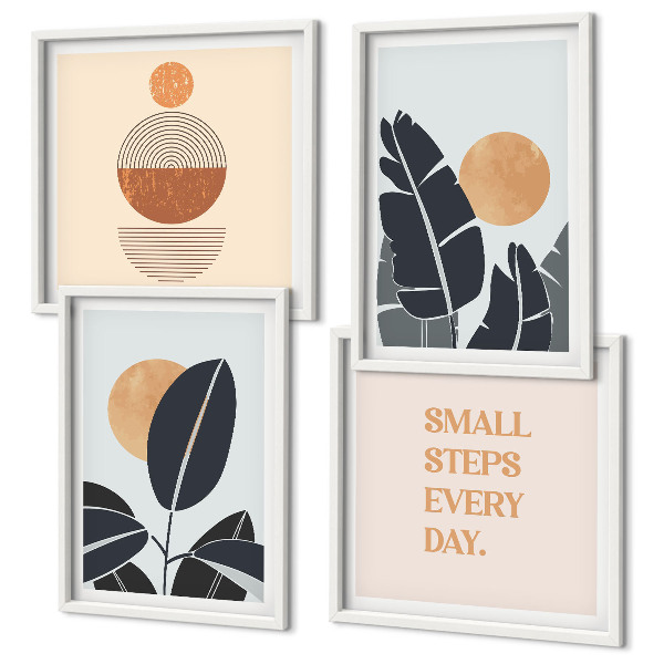 Conjunto de 4 quadros com moldura Padrões de plantas grandes sóis minimalistas