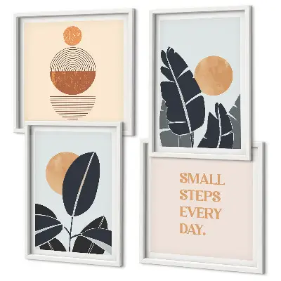 Conjunto de 4 quadros com moldura com estampas minimalistas de plantas e sóis grandes